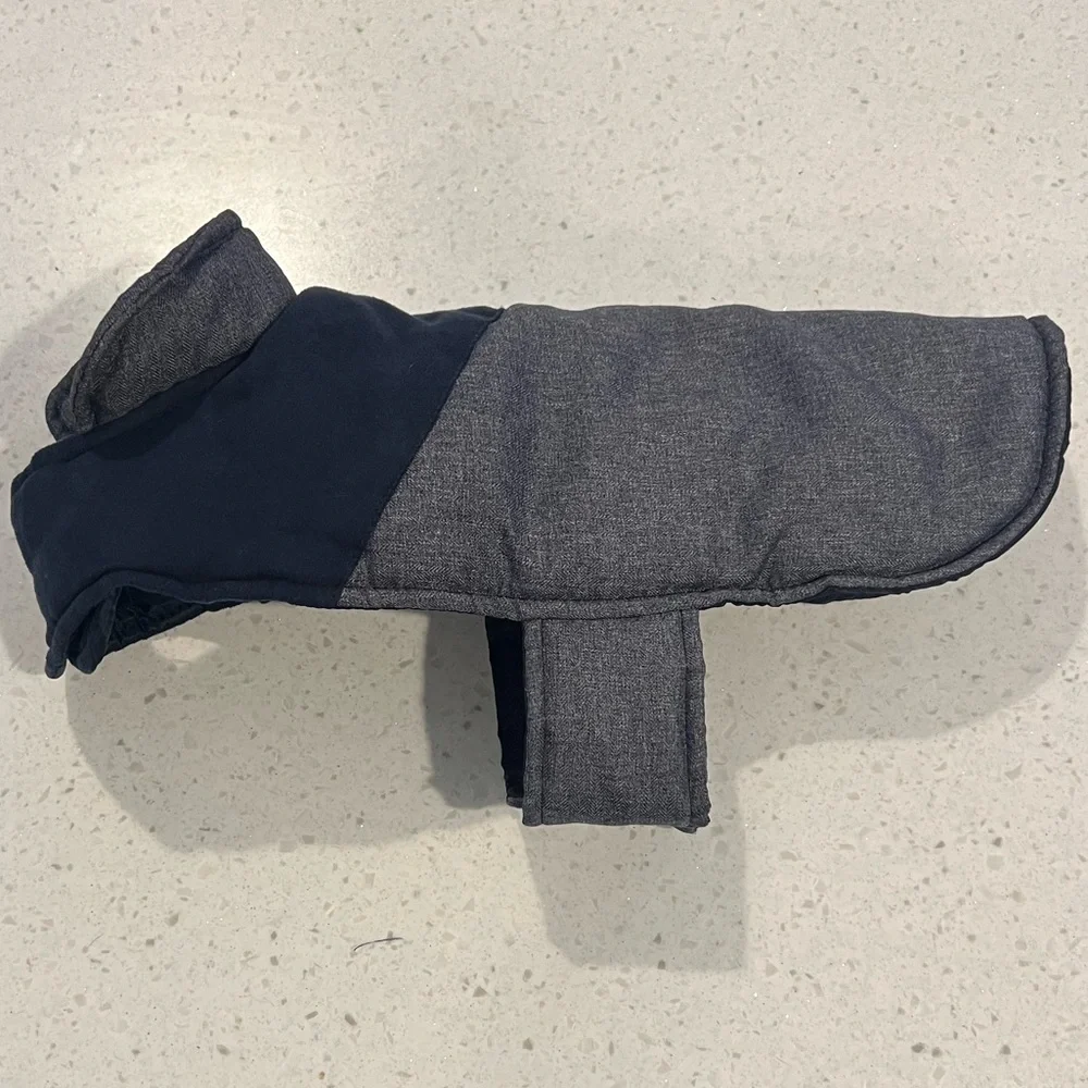 Quick & Easy Adjustable Gray & Blue Dog Jacket with Velcro Neck & Tummy Closures
